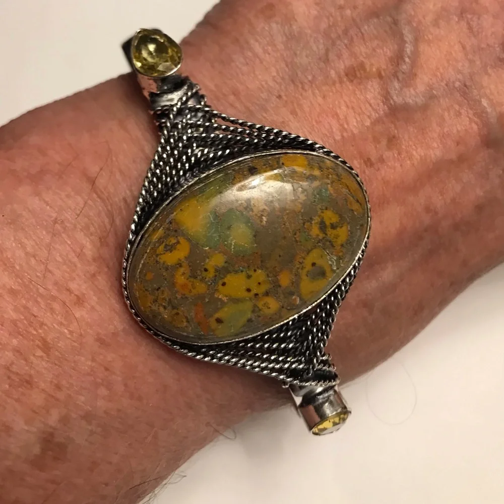 Fruit Jasper Citrine Stamped 925 Sterling Silver Cuff Bracelet